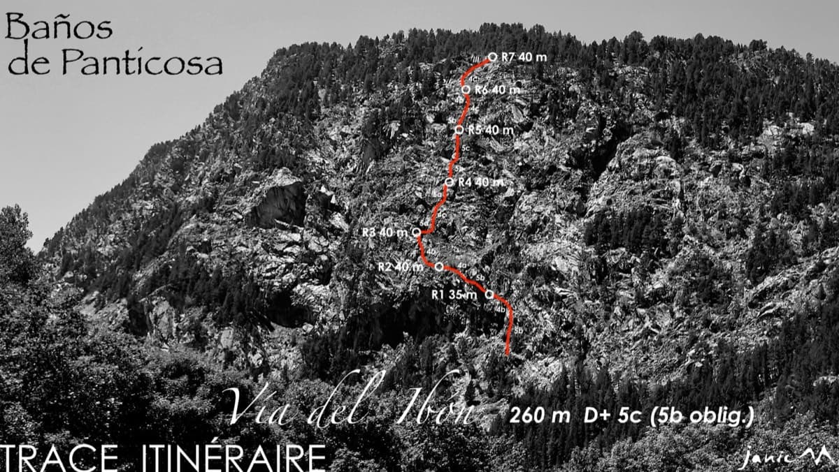 The Pared del Ibón above Baños de Panticosa with the line and belays of Vía del Ibón