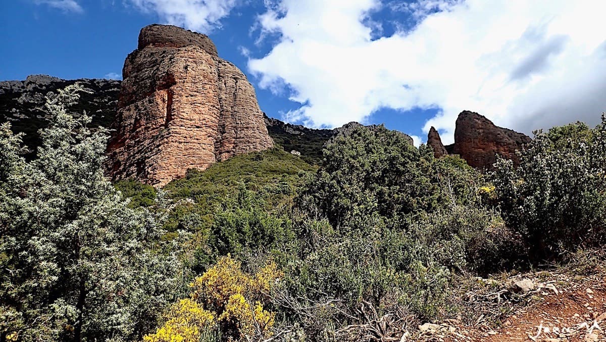 The Mallo Colorado seen from the approach path after leaving Riglos; the routes are on the face turned towards the camera.