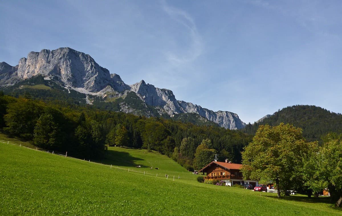 The east side of the Untersberg seen from Hinterettenberg, on the drive to the car park: the Berchtesgadener Hochthron is the big wall at the top left.