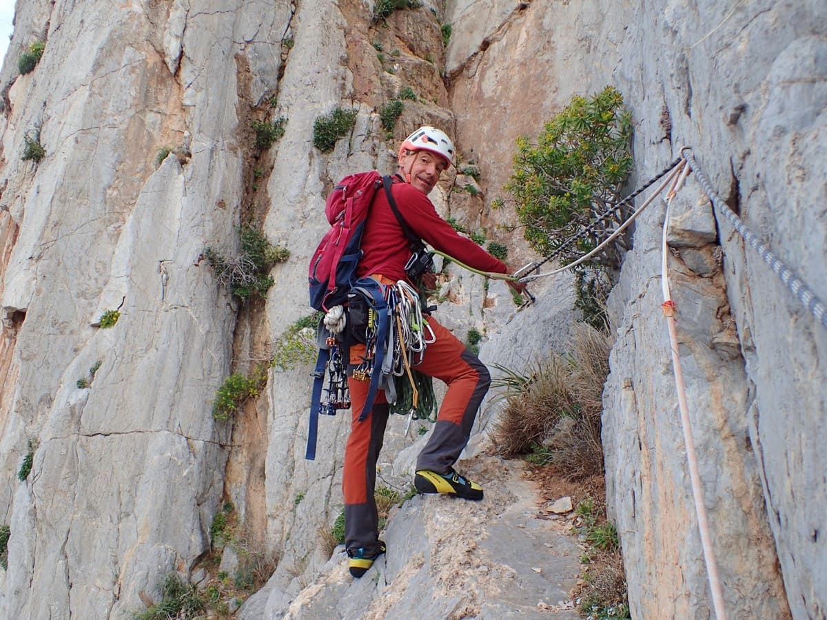 The fixed ropes on the last part of the approach, leading up onto the small terrace where the route starts.
