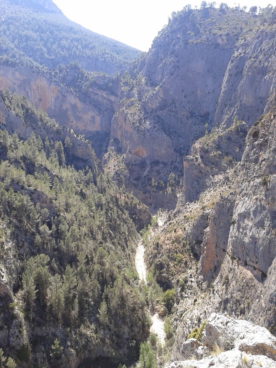 The Barranco de la Maimona at Montanejos seen from above: the pale stream bed on the gorge floor is what you walk up to reach the climbing sectors. For La Luna you follow it past the flood-control dam to the prow of the Espolón de los Agujeros.