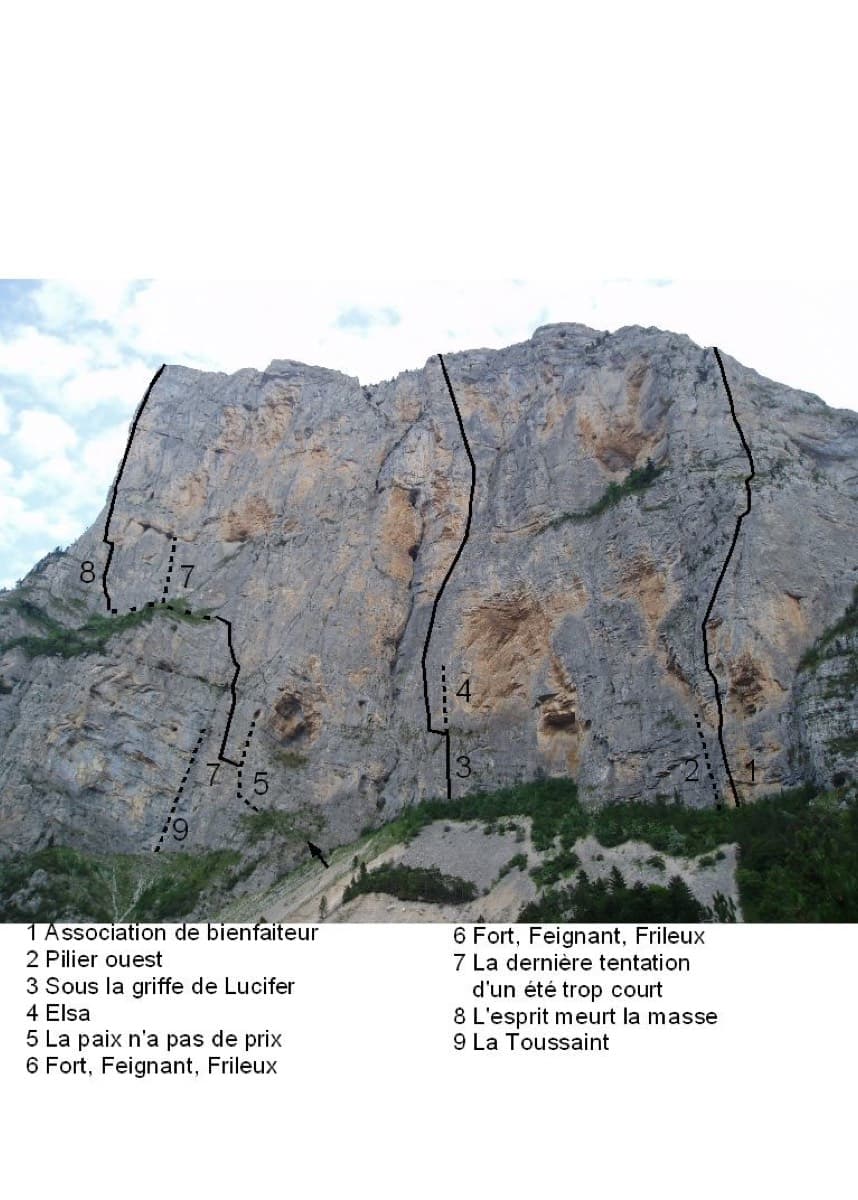 Les Gillardes from the valley with the classic lines drawn in. Line 1 at the right-hand end is Association de Bienfaiteurs, the route a 2026 party says to aim for when looking for the start of Les Maîtres du Jeu.