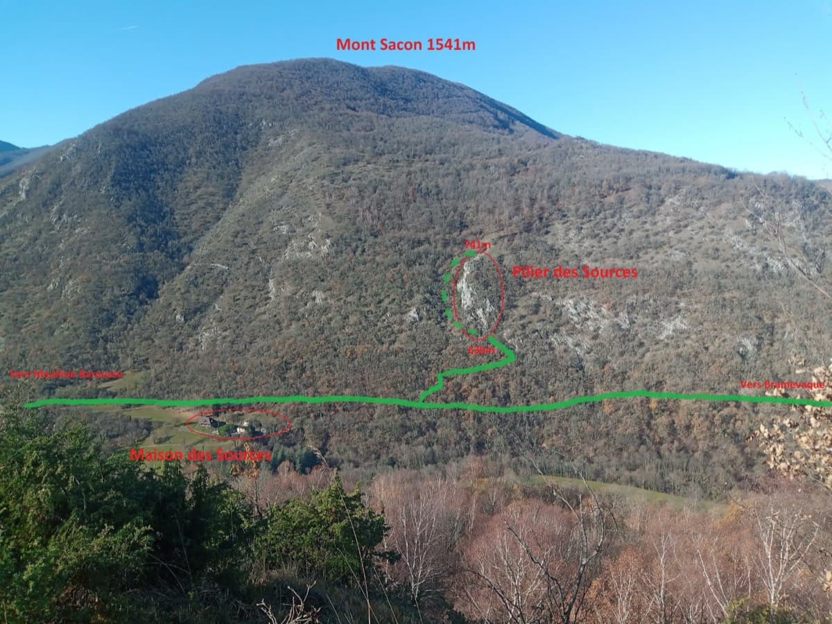 The Pilier des Sources on the flank of Mont Sacon above the Maison des Sources: the green line is the Bramevaque path and the track up to the foot of the pillar.