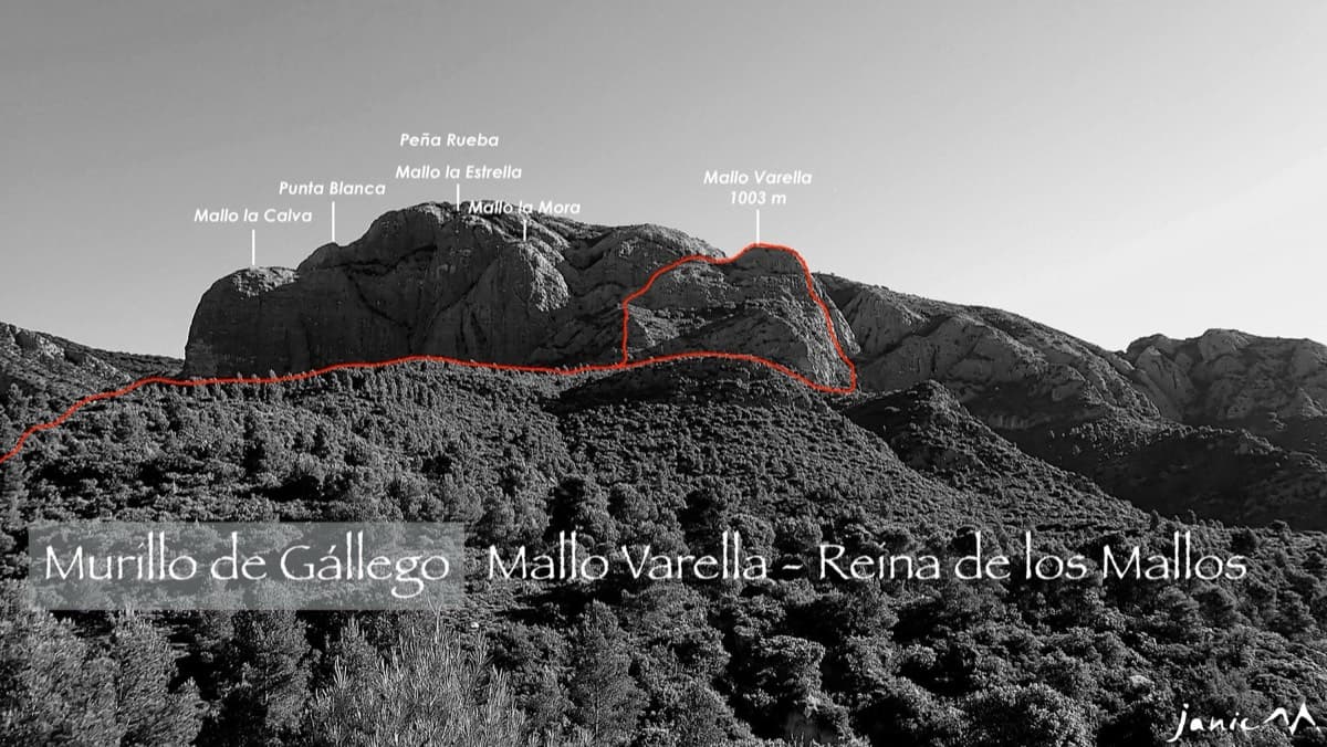 Peña Rueba seen from the pond where you park, with the summits labelled (Mallo la Calva, Punta Blanca, Mallo la Estrella, Mallo la Mora, Mallo Varella) and the party's day drawn in red: approach along the base, climb and descent.