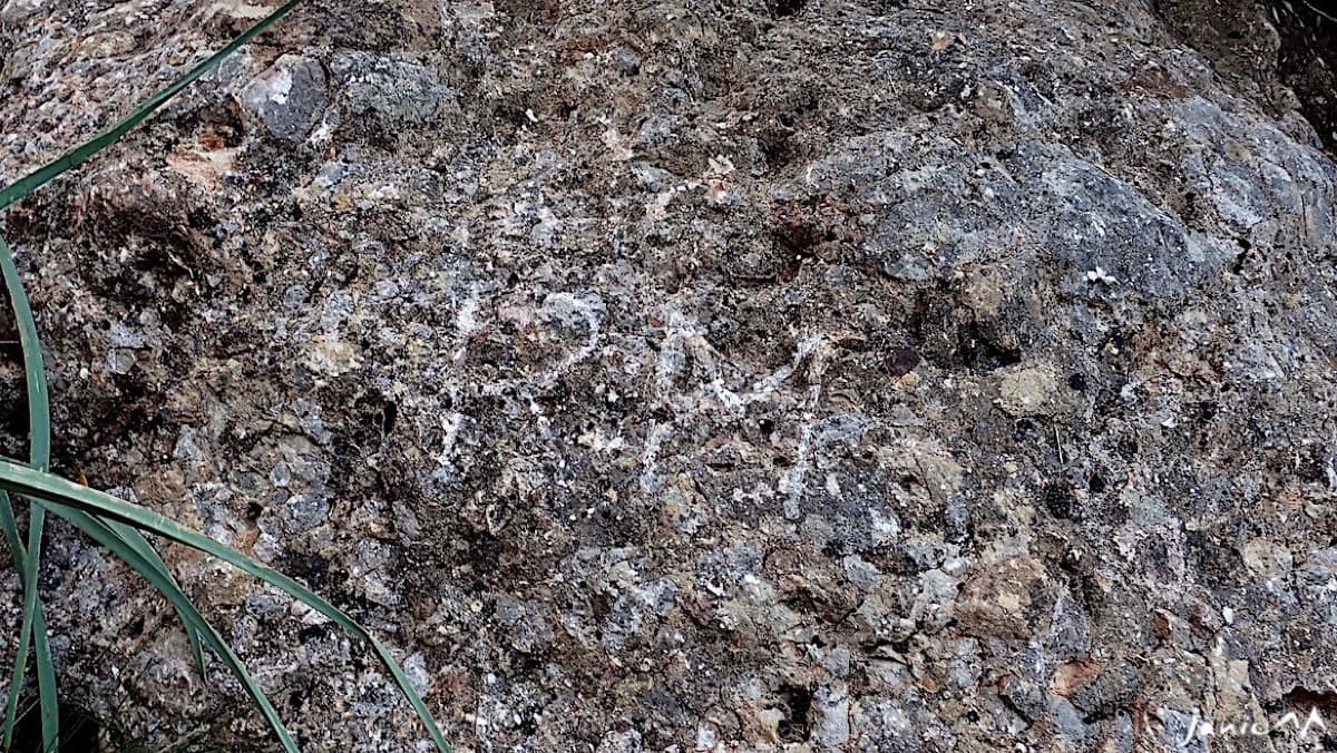 The letters 'RM' painted on the rock at the start of the route.