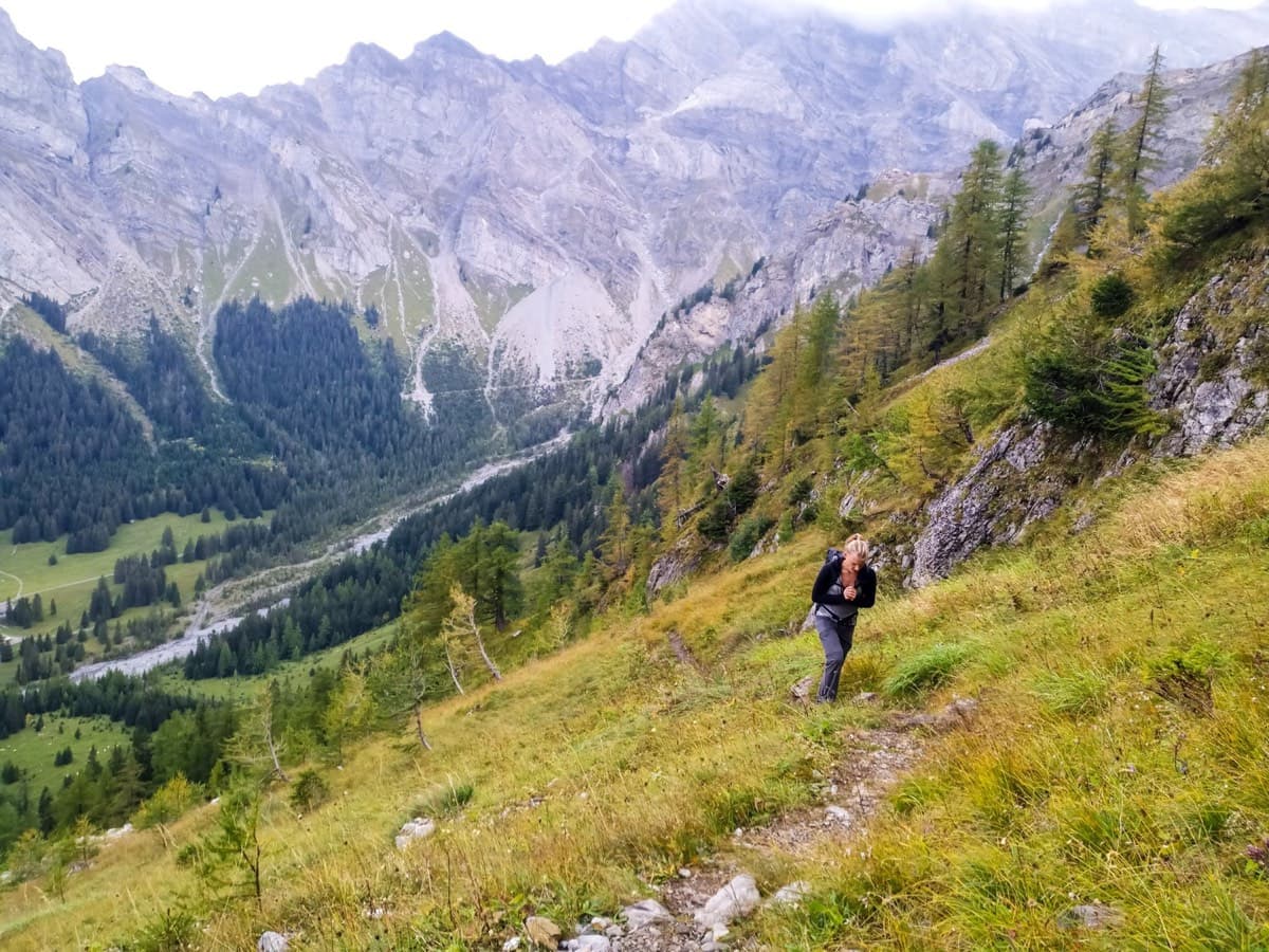 On the steep path up from Solalex towards the foot of the wall, looking back down the valley.