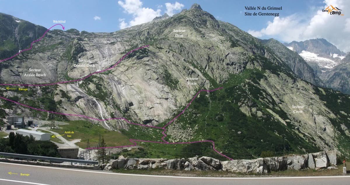 The Gerstenegg slabs seen from the Grimsel road by the dam, with the approach paths drawn in pink and the sectors named. The Donald Duck sector, where Roadrunner starts, is on the left above the path that comes in from the dam ('Barrage').