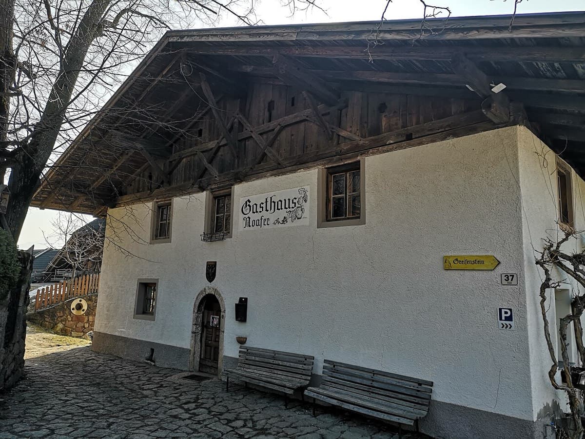 The Gasthaus Noafer in Glaning, where path 11B starts down to the crag. Do not park in front of the inn: use the spaces lower down by the pasture or above on the access road.