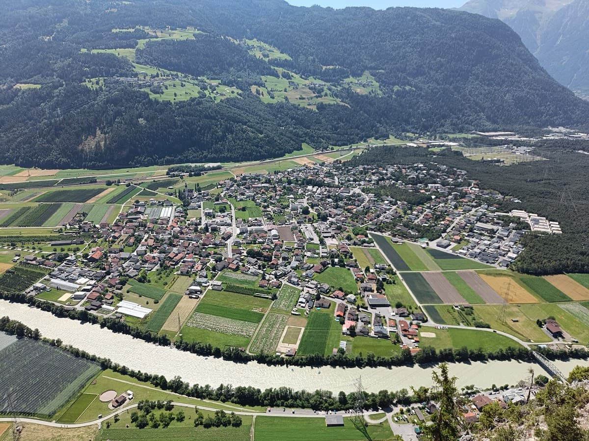 Looking south from the Geierwand via ferrata across the Inn to Haiming. The Inn bridge is at the right-hand edge; the road at the bottom of the picture, on the near bank directly below the wall, is the one you drive along from the bridge to the car park.