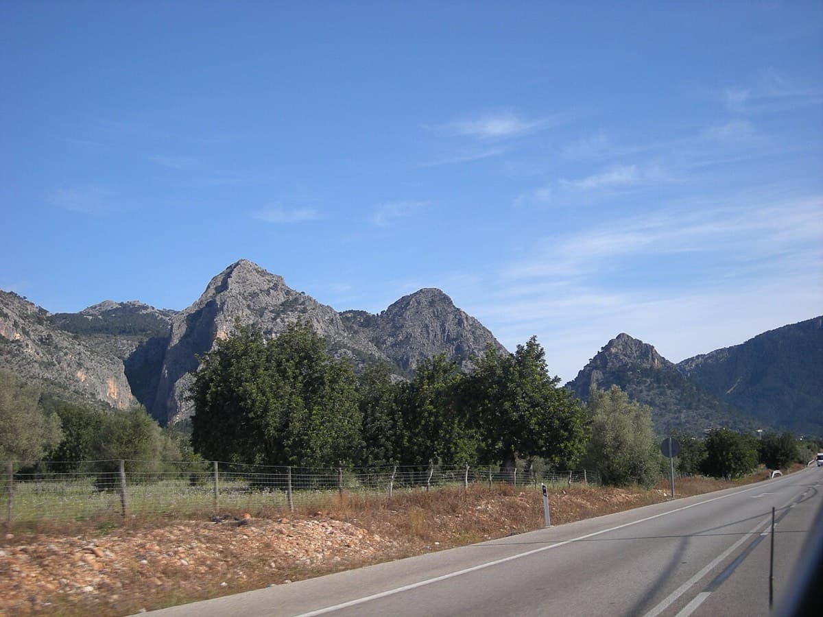 Sa Gubia from the Ma-11 Palma–Sóller road: it is the left-hand peak, with the gorge cut into its left side; Puig de Son Nasi and Puig de Son Poc are to its right. The car park is beside this road.
