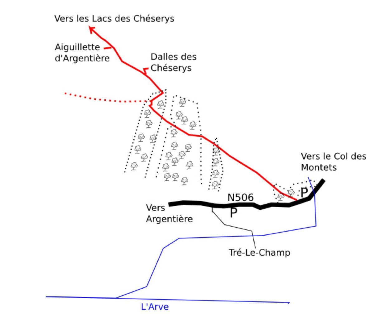 Sketch map of the access to the Chéserys slabs: from the car park on the Col des Montets road the path (red) climbs through the forest past the slabs and the Aiguillette d'Argentière towards the Lacs des Chéserys.