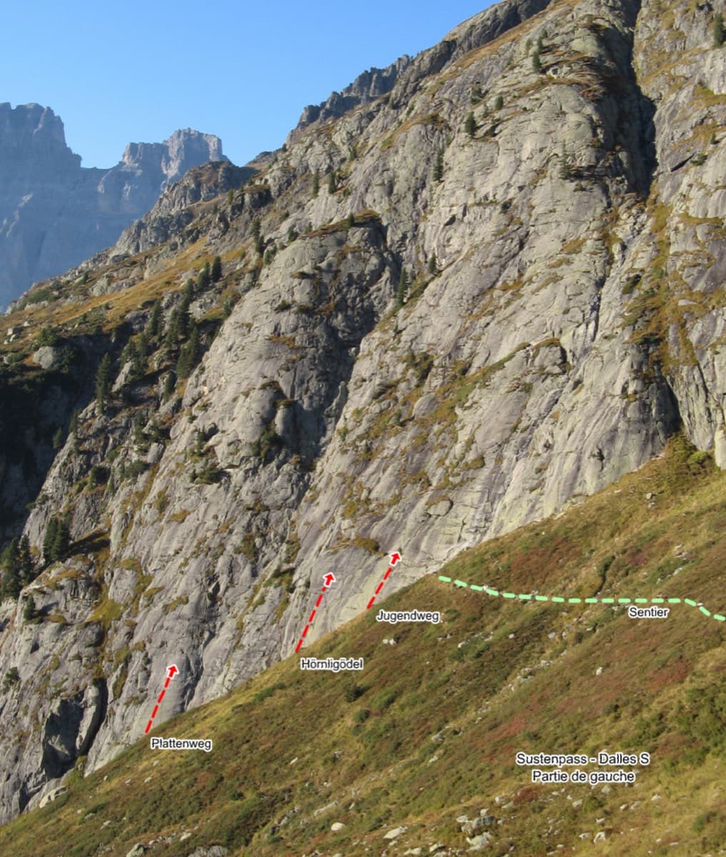 Left side of the Sustenpass south slabs with the starts of Plattenweg, Hörnligödel and Jugendweg marked