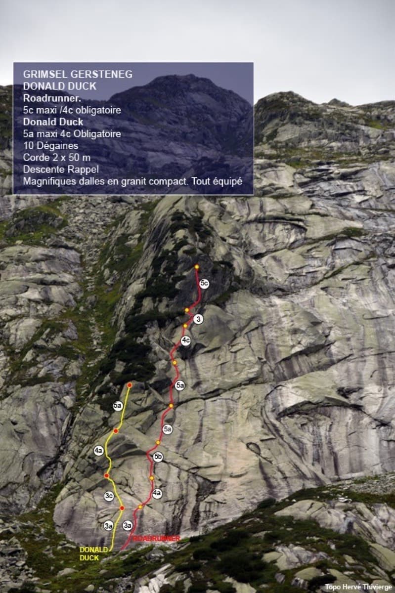 Photo-topo of the Donald Duck slab at Gerstenegg with Roadrunner (red) and Donald Duck (yellow)