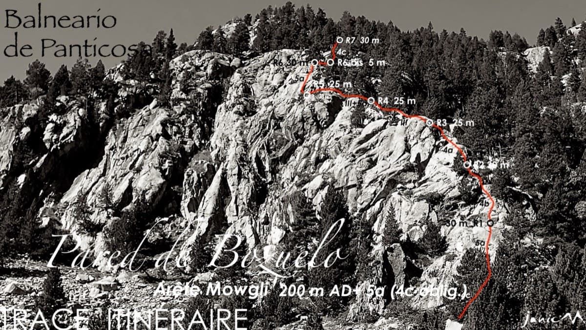 Line of the Arista Mowgli on the Pared de Bozuelo above Baños de Panticosa, with belays marked