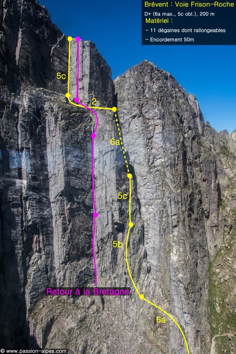 Photo-topo of the Voie Frison-Roche on the Brévent (yellow line), with the neighbouring Retour à la Bretagne