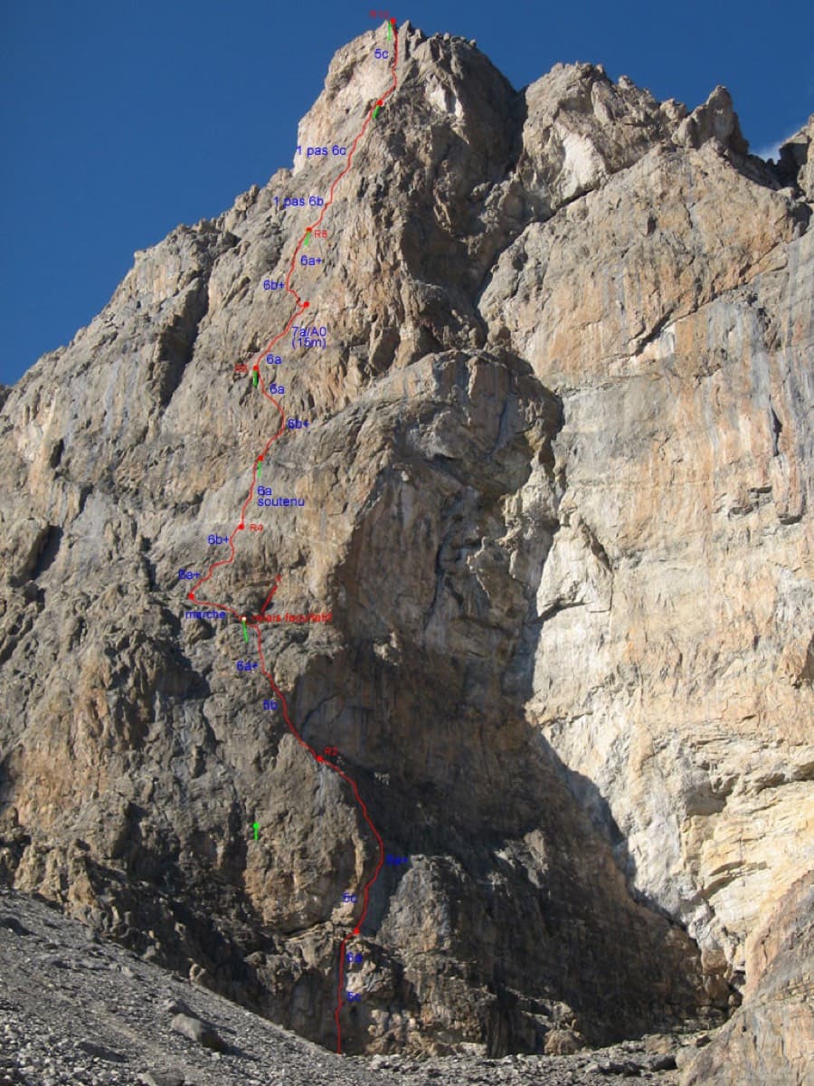 Photo-topo of Feu Sacré on the south-west face of the Tour Termier