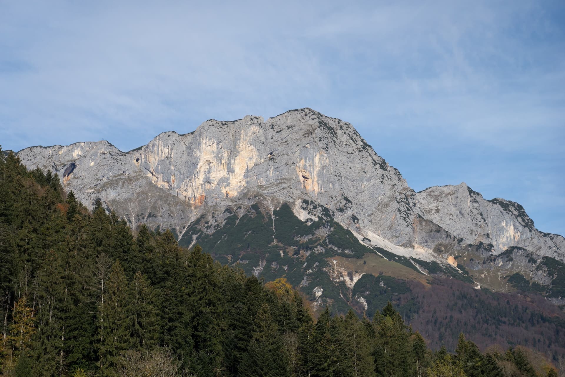The Berchtesgadener Hochthron, highest point of the Untersberg, seen from Maria Gern: the south face in afternoon light, with the south-east walls on the right.