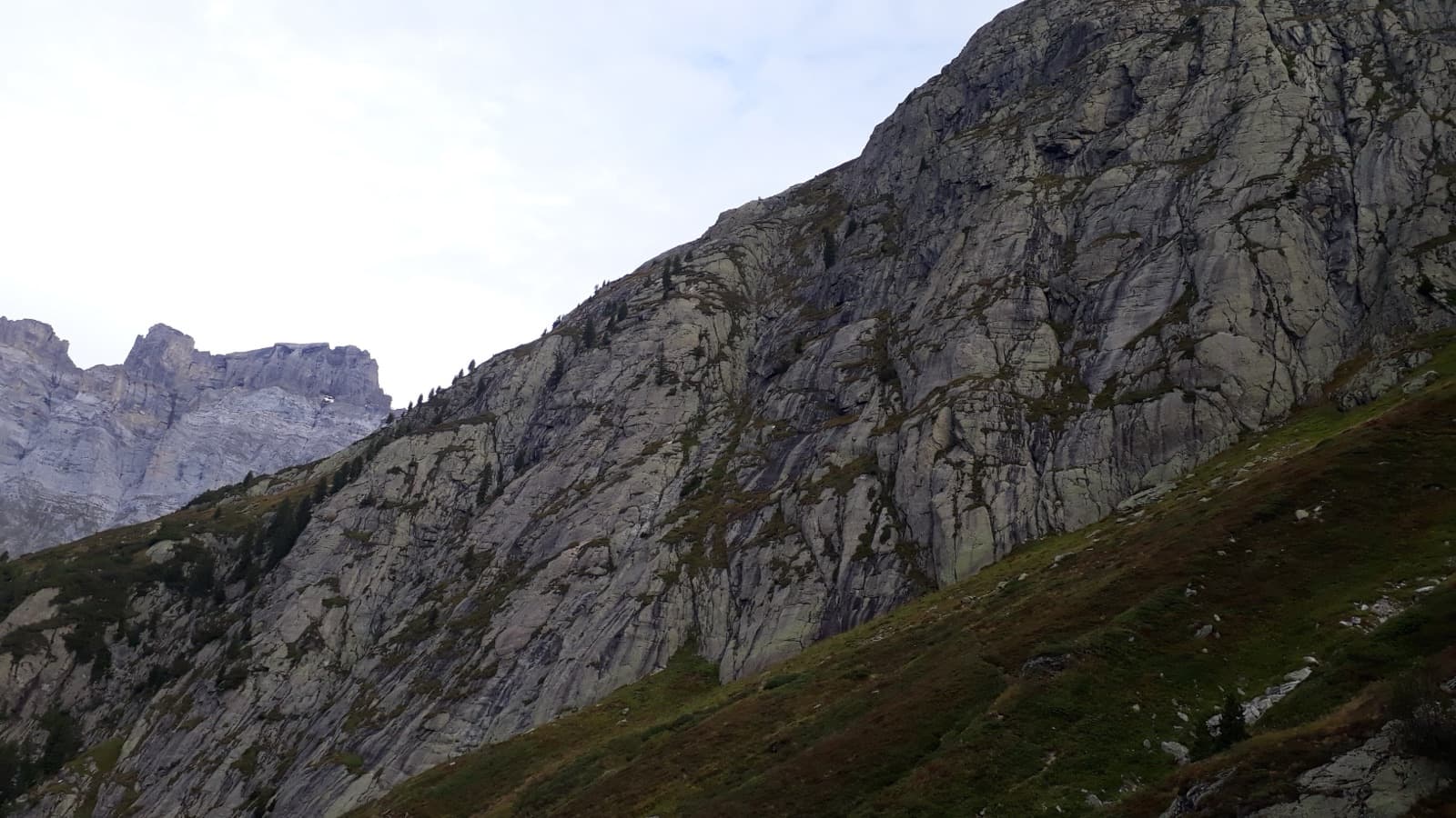 The granite slabs (Platten) above the Susten pass road near Steingletscher, seen on the day of an ascent of Jugendweg.