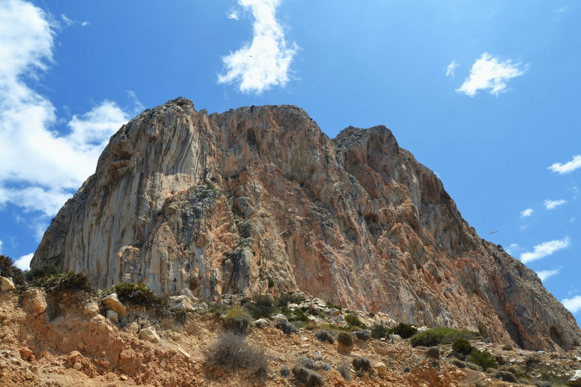 The south face of the Peñón de Ifach seen from the foot of the wall, Calpe. Mare Nostrum takes the right-hand side of this face.