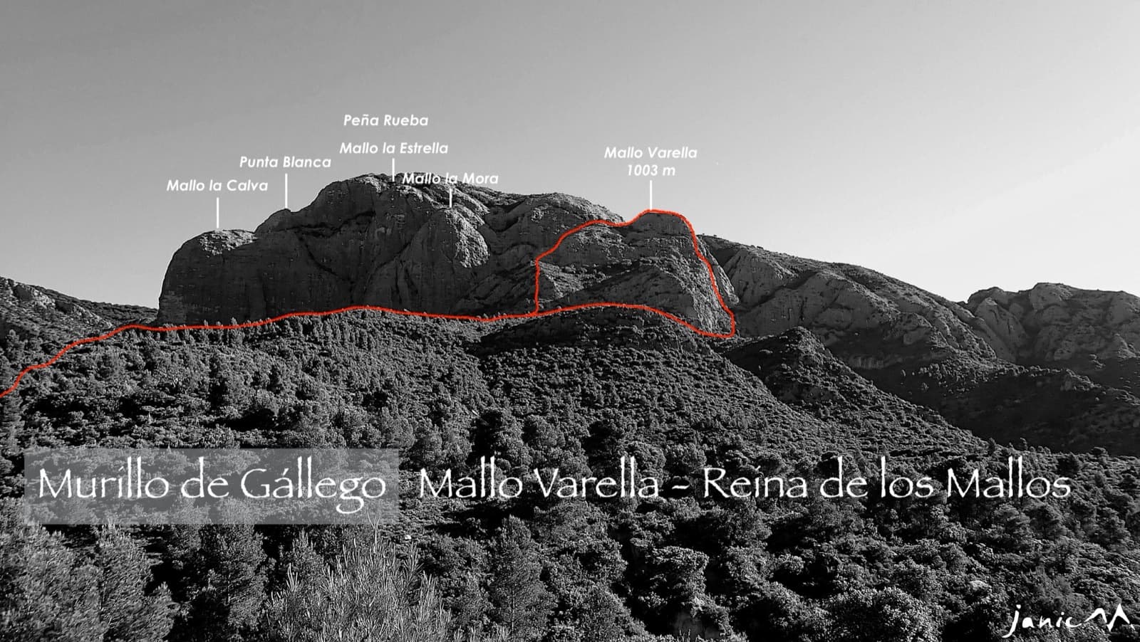 Peña Rueba above Murillo de Gállego seen from the south, with its mallos labelled (La Calva, Punta Blanca, La Estrella, La Mora, Varella); the red outline marks Mallo Varella and the approach.