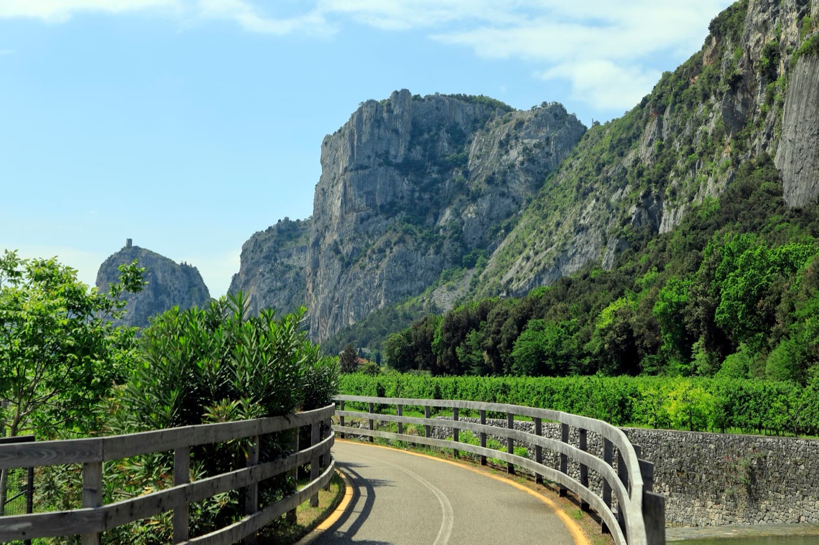 The Sarca valley cycle path near Ceniga at the foot of Monte Colt, looking south to Monte Colodri and the castle rock of Arco.