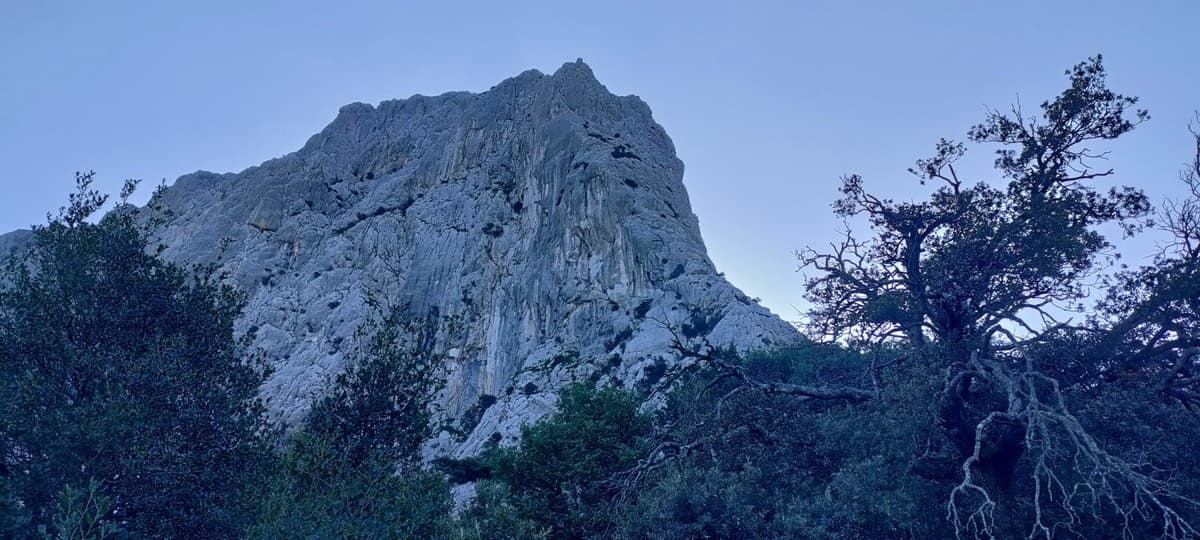 The north-west side of Punta Cusidore at dawn, seen from the approach above Oliena