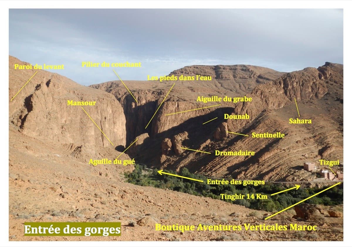 The entrance to the Todra Gorge with the Mansour wall labelled; China Perdida is on its right-hand part