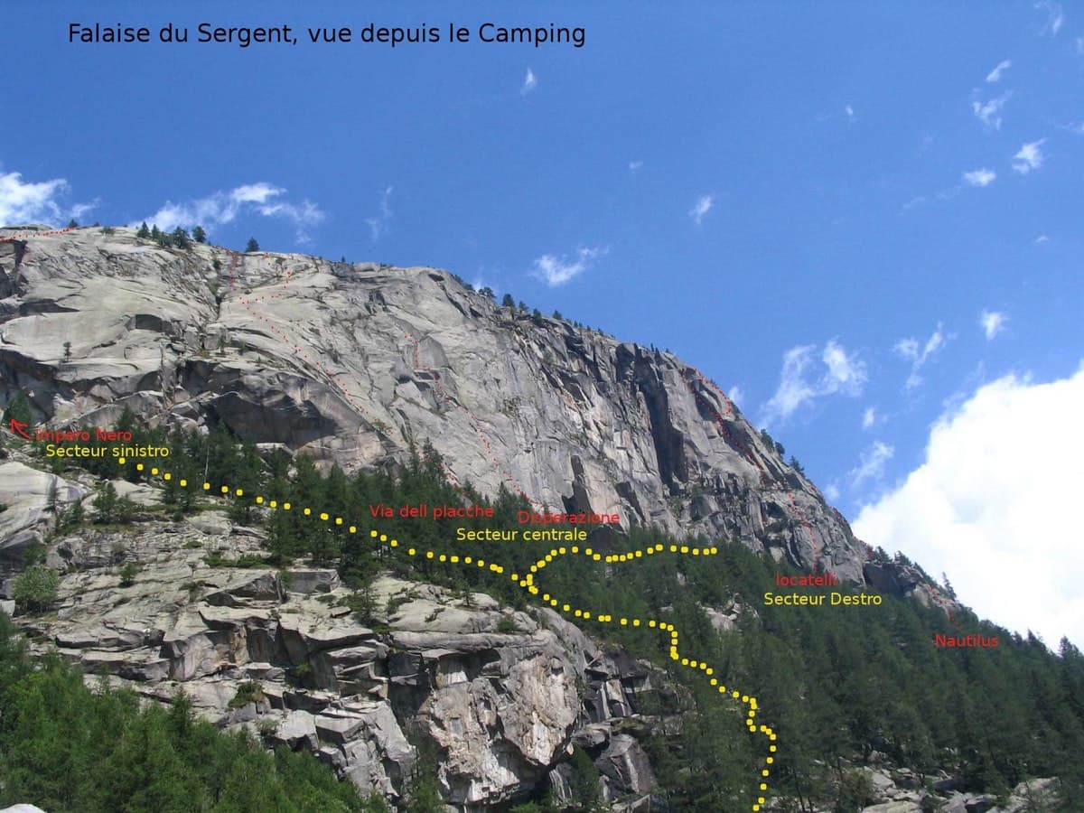 The Sergent seen from the campsite, with sector names and a few lines marked (left-hand sector at left)