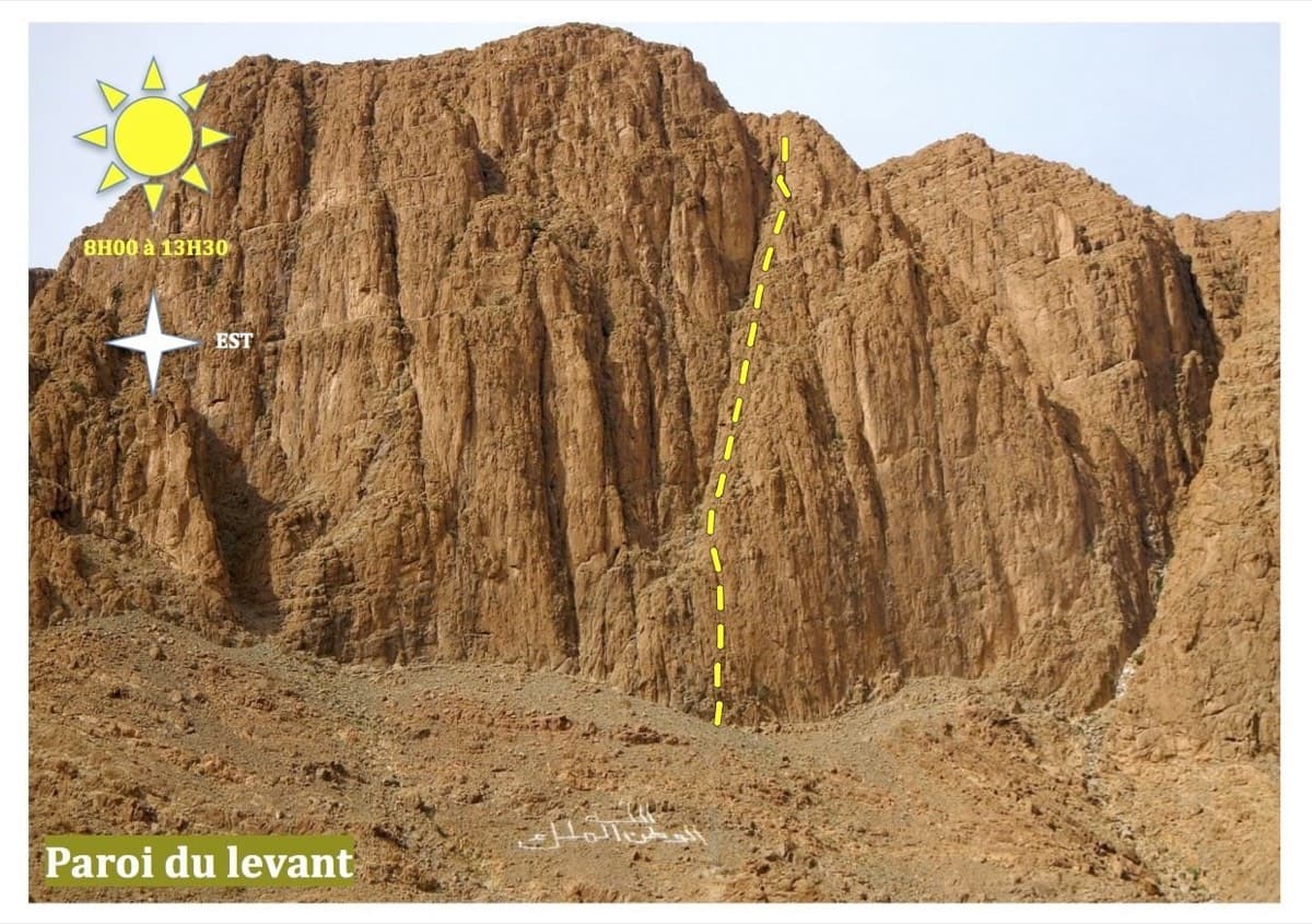 Line of Hannah chez les grands drawn on the Paroi du Levant, Todra Gorge