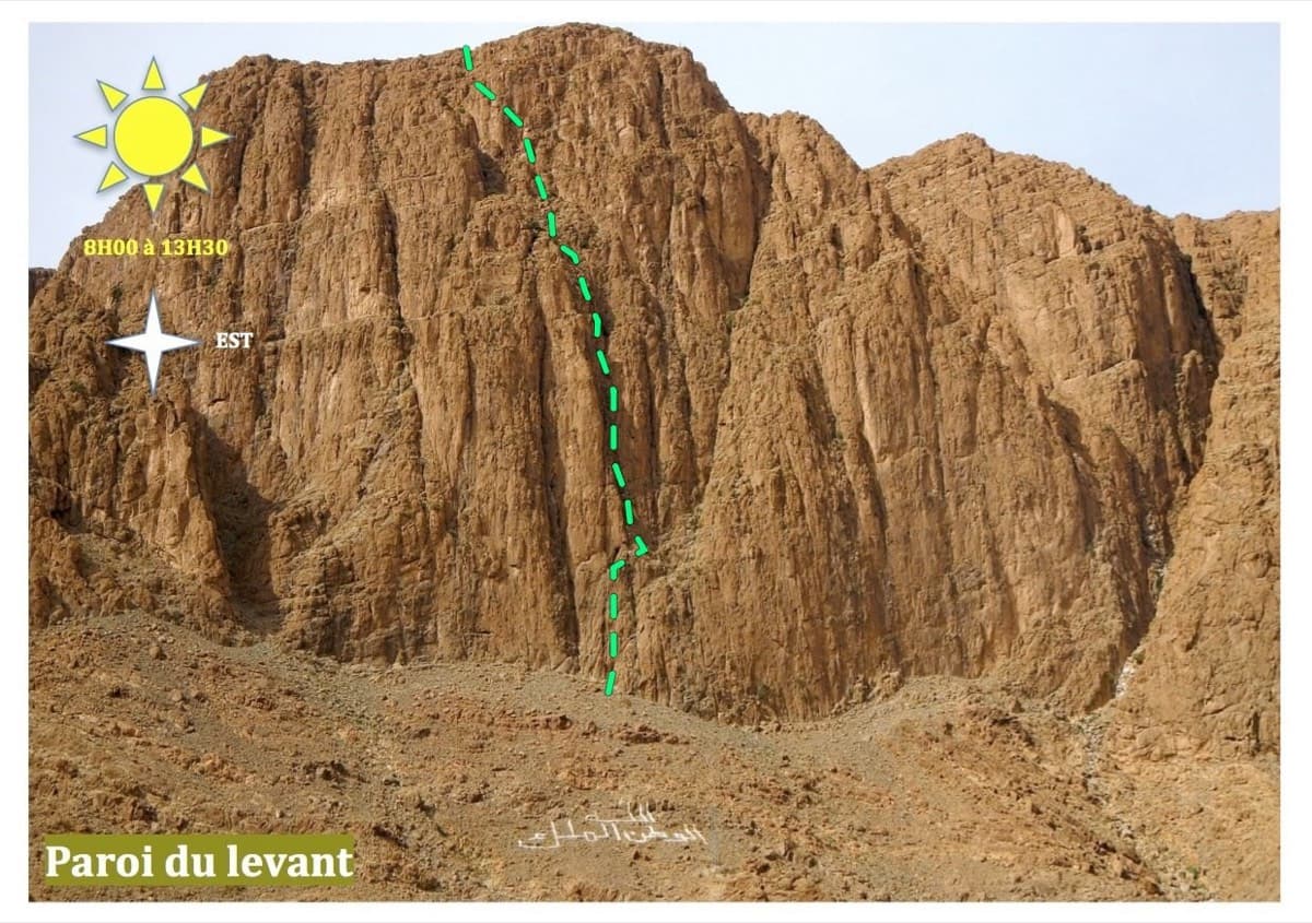 Line of The first of Ela on the Paroi du Levant, Todra Gorge