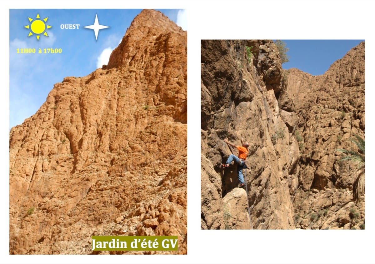 Jardin d'été multi-pitch wall (left) and a climber in the sector (right), Todra Gorge