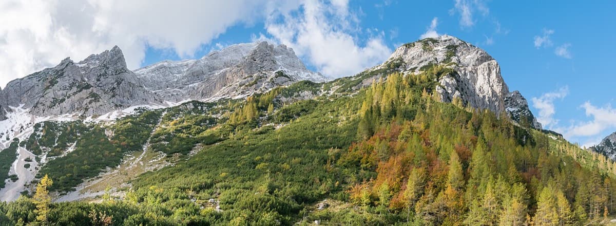 Mala Mojstrovka (left) and Nad Šitom glava (right) seen from the Vršič Pass