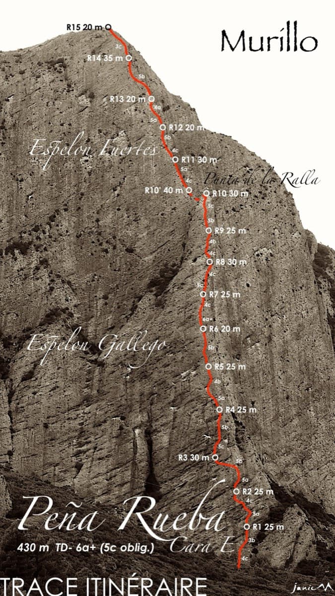 Topo of Espolón Gallego and Espolón Fuertes on the east face of Peña Rueba