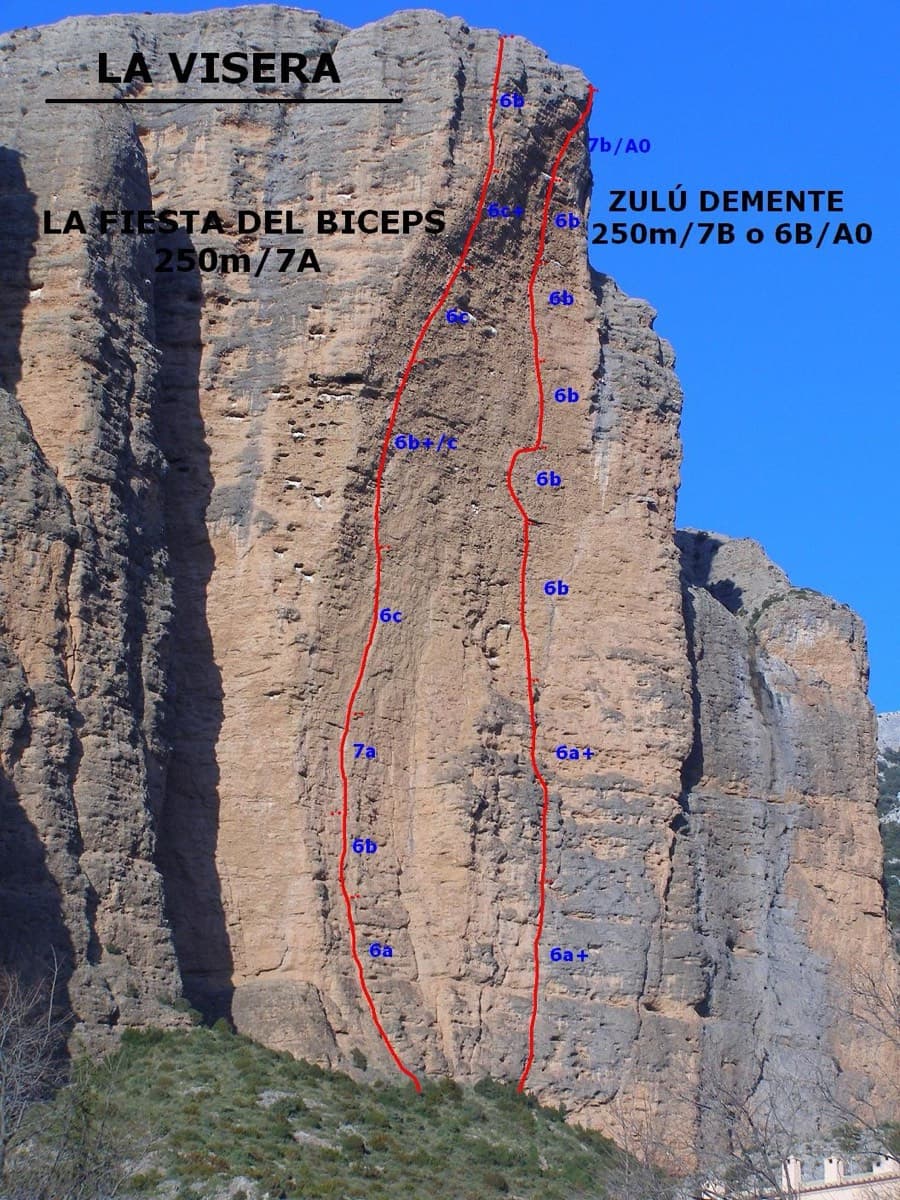 Photo-topo of La Visera at Riglos with La Fiesta de los Bíceps (left line) and Zulú Demente (right line)