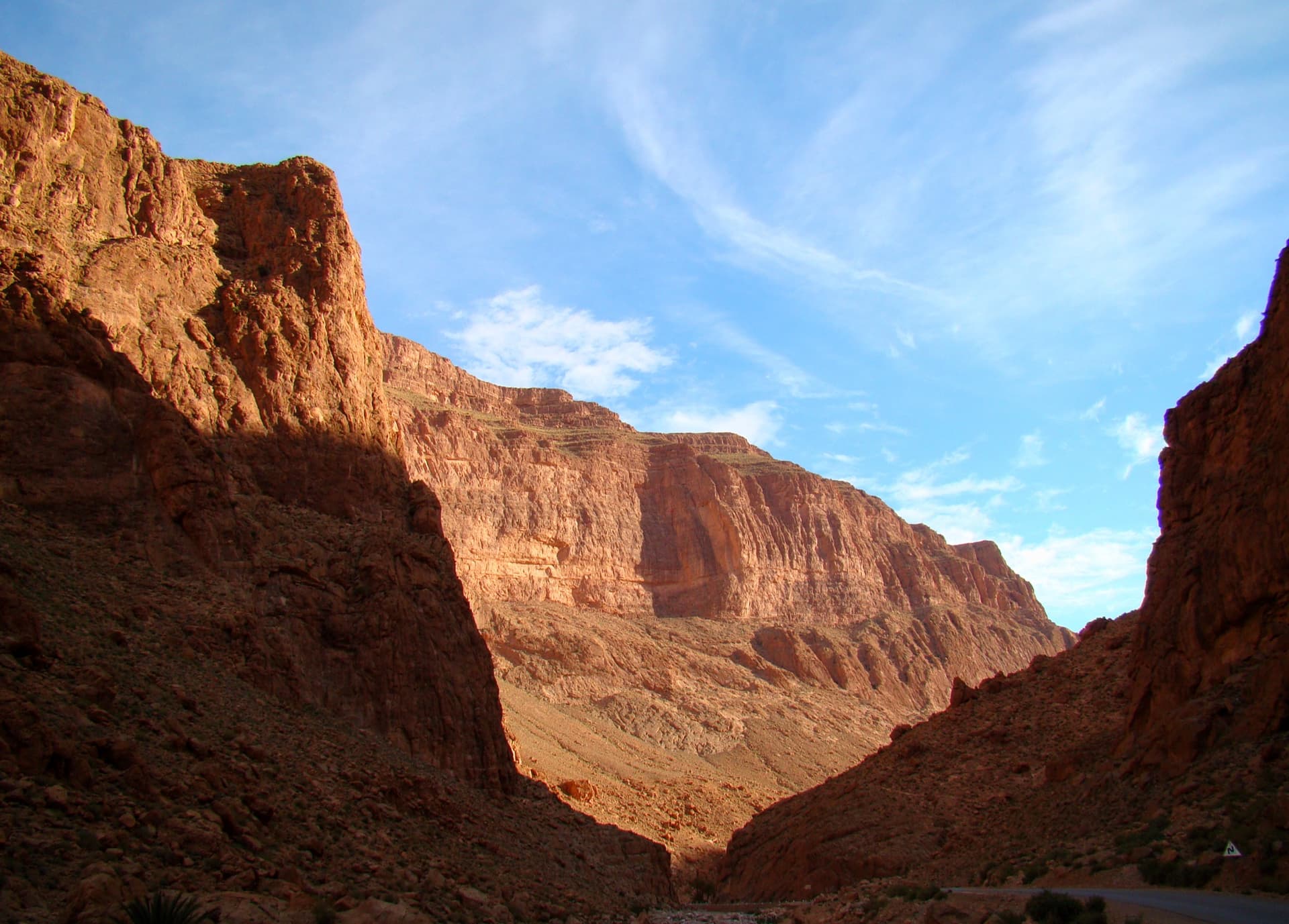 Morning light on the cliffs of the Todra valley upstream of the narrows; a view of the upper valley, not of the Patchwork Family wall.